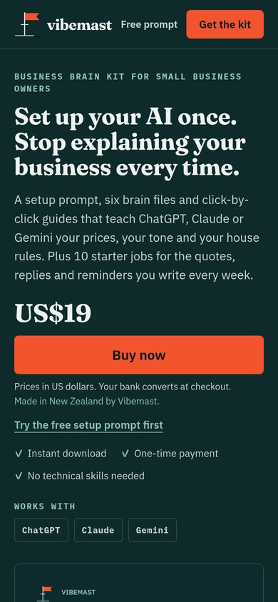 The Business Brain Kit page on vibemast.com, priced at US$19.