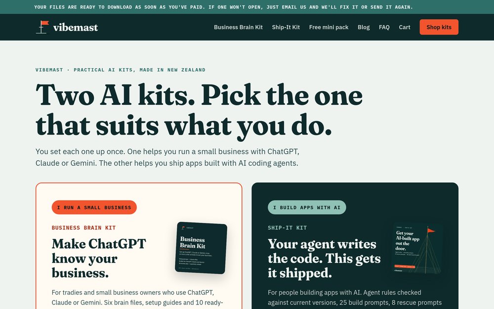 The vibemast.com homepage. It offers two AI kits: the Business Brain Kit for people who run a small business, and the Ship-It Kit for people who build apps with AI.