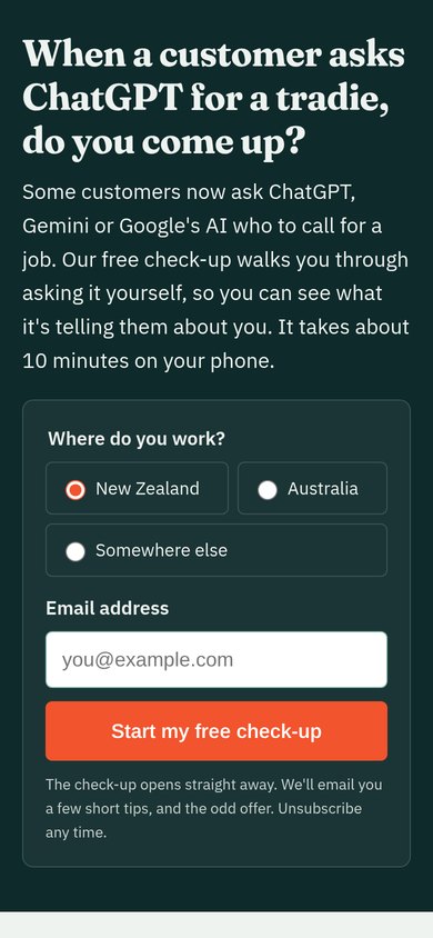 Vibemast’s free AI check-up page on a phone. It asks: when a customer asks ChatGPT for a tradie, do you come up?